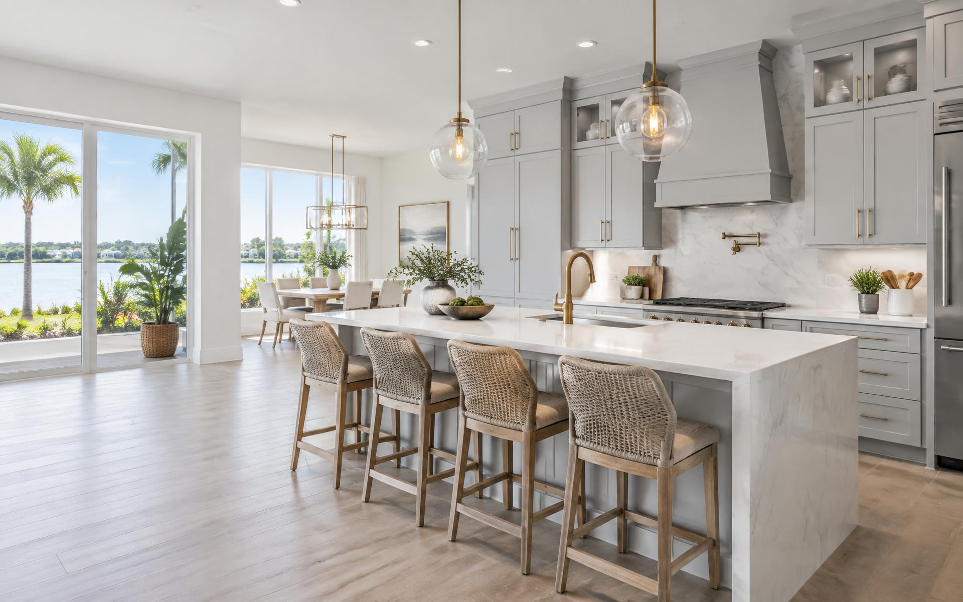 Renovated modern kitchen with light grey cabinets and white quartz countertops